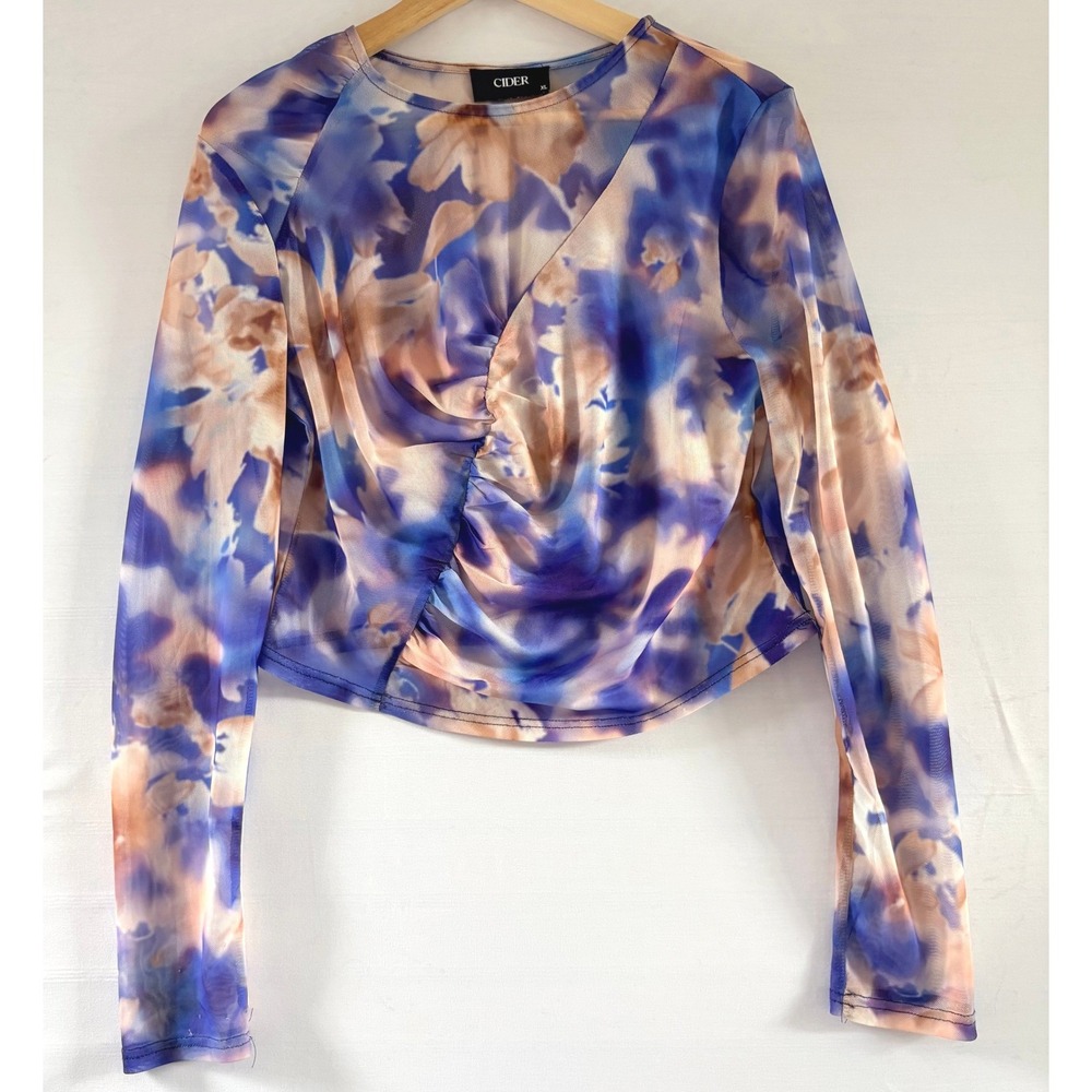 Cider‎ Womens XL Floral Mesh Long Sleeve Ruched Crop Top Blue Orange Watercolor